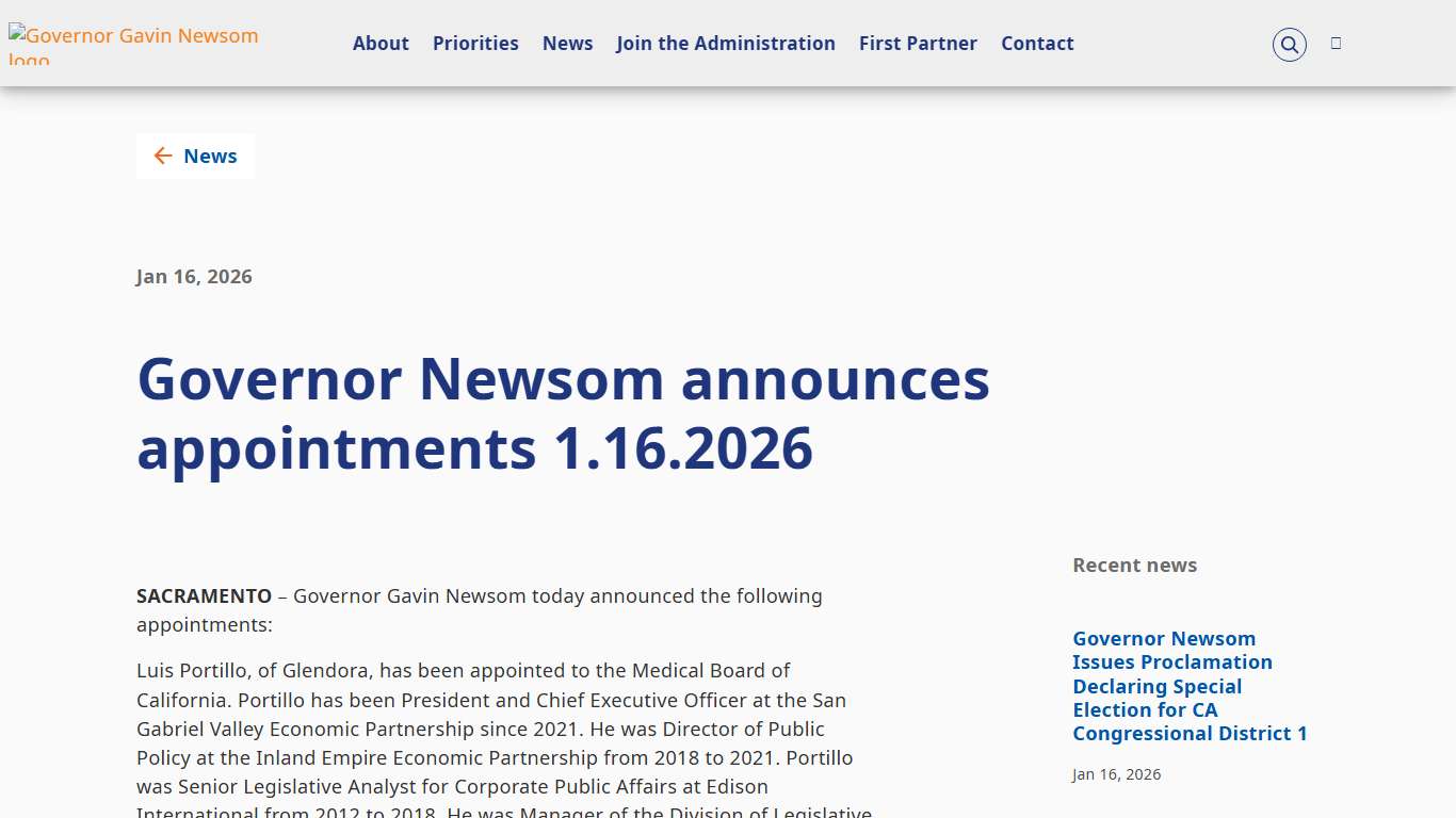 Governor Newsom announces appointments 1.16.2026 | Governor of California